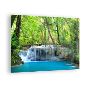 Schilderen op glas - Een waterval omgeven door groene bomen en blauw water - 70x50cm - Verdrinken in turkoois en groen - Moderne wanddecoratie voor woonkamer en slaapkamer ARTTOR