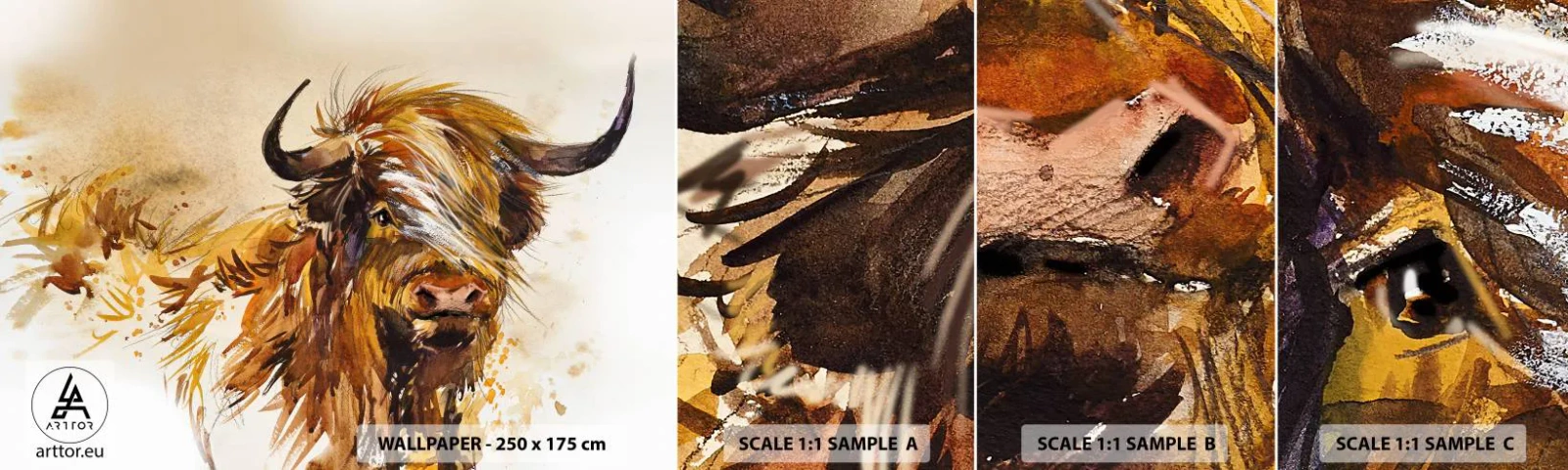 Fotobehang Staaltje Standard Eco - Trots van de jager - Dieren, Abstractie, Schotse Buffel - 100x30 cm