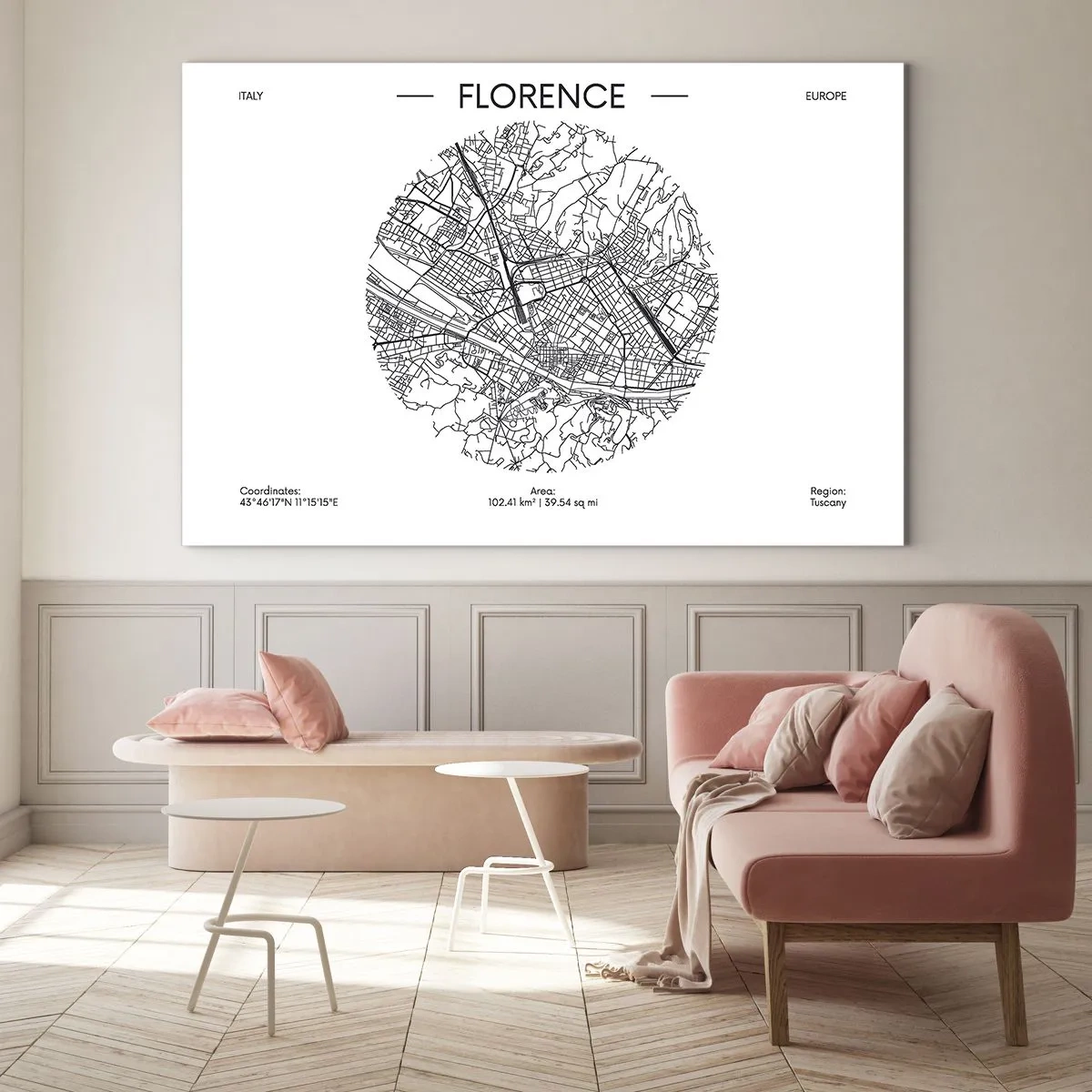 Schilderen op glas - Florence in de vorm van een gestileerde kaart met een netwerk van straten - 70x50cm - Anatomie van Florencia - Moderne wanddecoratie voor woonkamer en slaapkamer ARTTOR