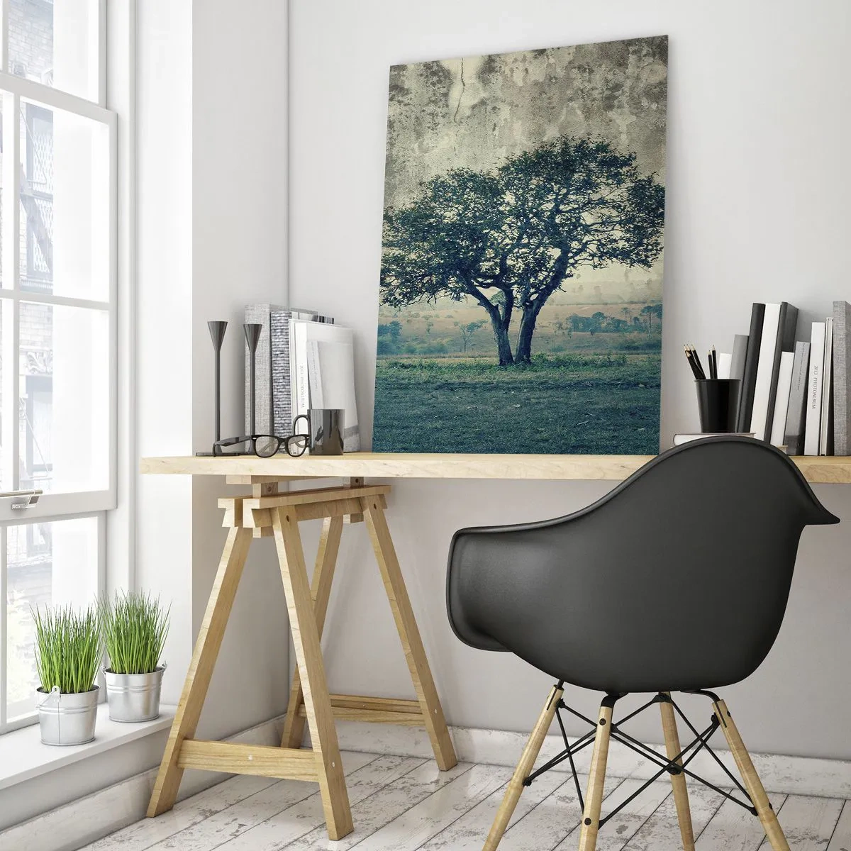 Schilderen op glas - Een appelboom op een blauw veld? - 70x100 cm