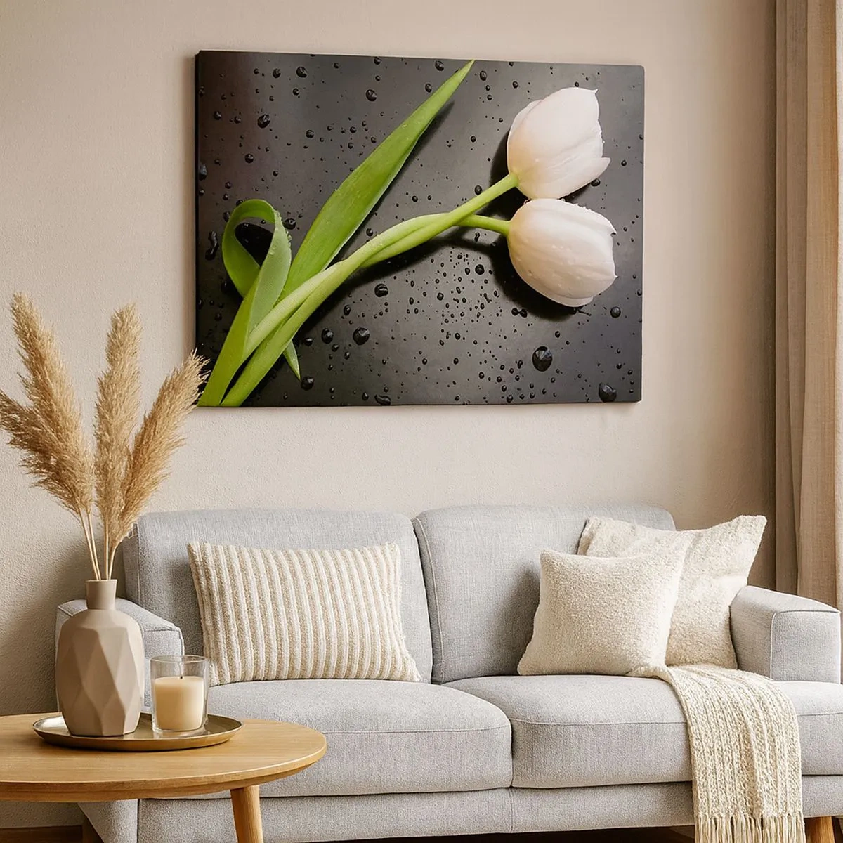 Schilderen op canvas - Witte tulpen op een zwarte achtergrond met waterdruppels - 70x50cm - Lente weefsel - Moderne wanddecoratie voor woonkamer en slaapkamer ARTTOR