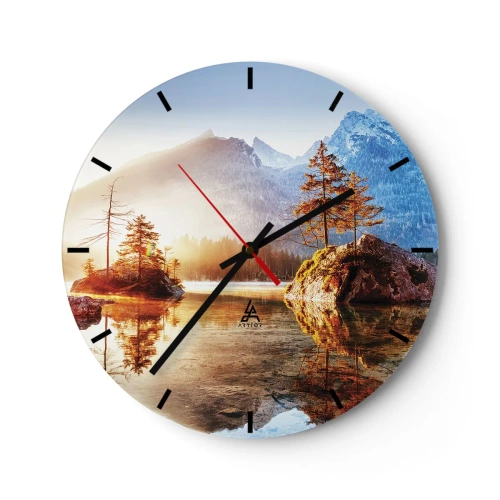 Wandklok - Klok - Een bergmeer met eilanden en bomen in de zonnestralen - 30x30cm - De natuur in een nieuw licht - Moderne wanddecoratie voor woonkamer, keuken en slaapkamer ARTTOR