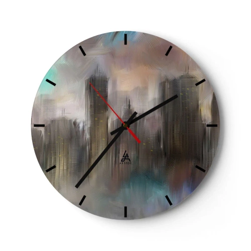 Wandklok - Klok - Een abstract beeld van een stad met wolkenkrabbers in een mistige omgeving. - 30x30cm - Een compositie van staal, steen en mist - Moderne wanddecoratie voor woonkamer, keuken en slaapkamer ARTTOR
