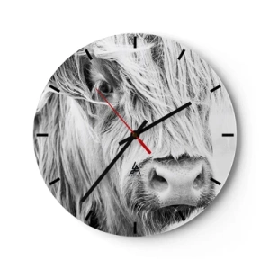 Wandklok - Klok - Portret van een langharig Schots rund in zwart-wit - 30x30cm - Schotse wildheid - Moderne wanddecoratie voor woonkamer, keuken en slaapkamer ARTTOR