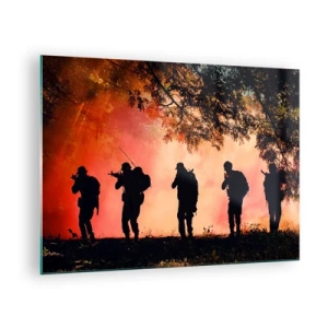 Schilderen op glas - Een groep soldaten marcheert tegen de achtergrond van een brandend bos. - 70x50cm - … Allen voor een. - Moderne wanddecoratie voor woonkamer en slaapkamer ARTTOR