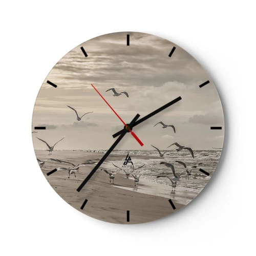 Wandklok - Klok - Meeuwen zweven 's ochtends boven de kust - 30x30cm - Het geluid van de zee, het zingen van vogels - Moderne wanddecoratie voor woonkamer, keuken en slaapkamer ARTTOR
