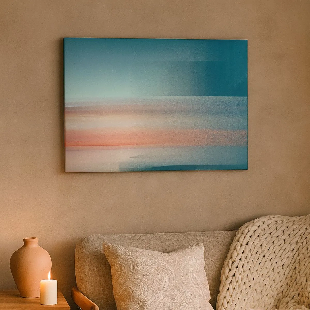 Schilderen op canvas - Een zonsondergang in pasteltinten boven een kalme horizon - 70x50cm - Abstractie: golven van licht - Moderne wanddecoratie voor woonkamer en slaapkamer ARTTOR