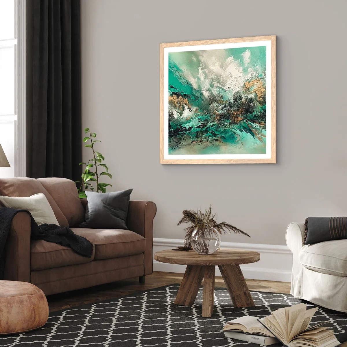 Een poster in een licht eiken lijst - Emerald en zwarte branding - 30x30 cm