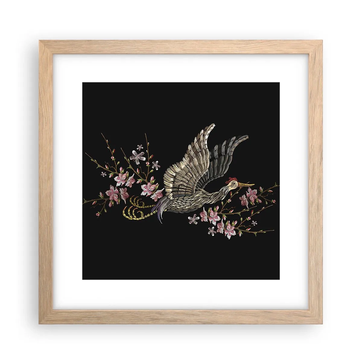 Een poster in een licht eiken lijst - Exotische geborduurde vogel - 30x30 cm