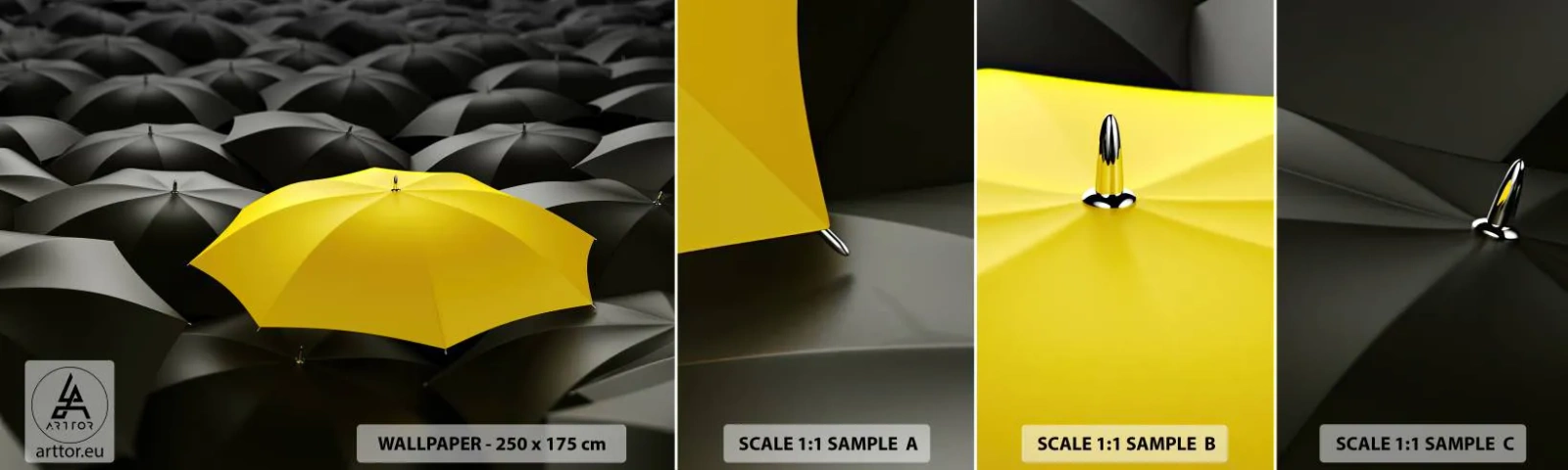 Fotobehang Staaltje Standard Eco - Vaarwel verdriet - Gele paraplu's, Grafisch, Concept - 100x30 cm