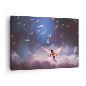 Schilderen op canvas - Een figuur met engelenvleugels zweeft tussen vogels in de lucht - 70x50cm - Je hebt verbeeldingskracht en moed nodig - Moderne wanddecoratie voor woonkamer en slaapkamer ARTTOR