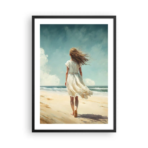 Poster in een zwarte lijst - Een vrouw in een witte jurk loopt op het strand aan de zee - 50x70cm - Om de zon en de wind te ontmoeten - Moderne wanddecoratie voor woonkamer en slaapkamer ARTTOR