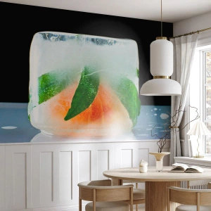 Fotobehang Premium Canvas - Fris en koel - Ijsblokje, Oranje, Munt blad - 100x70 cm