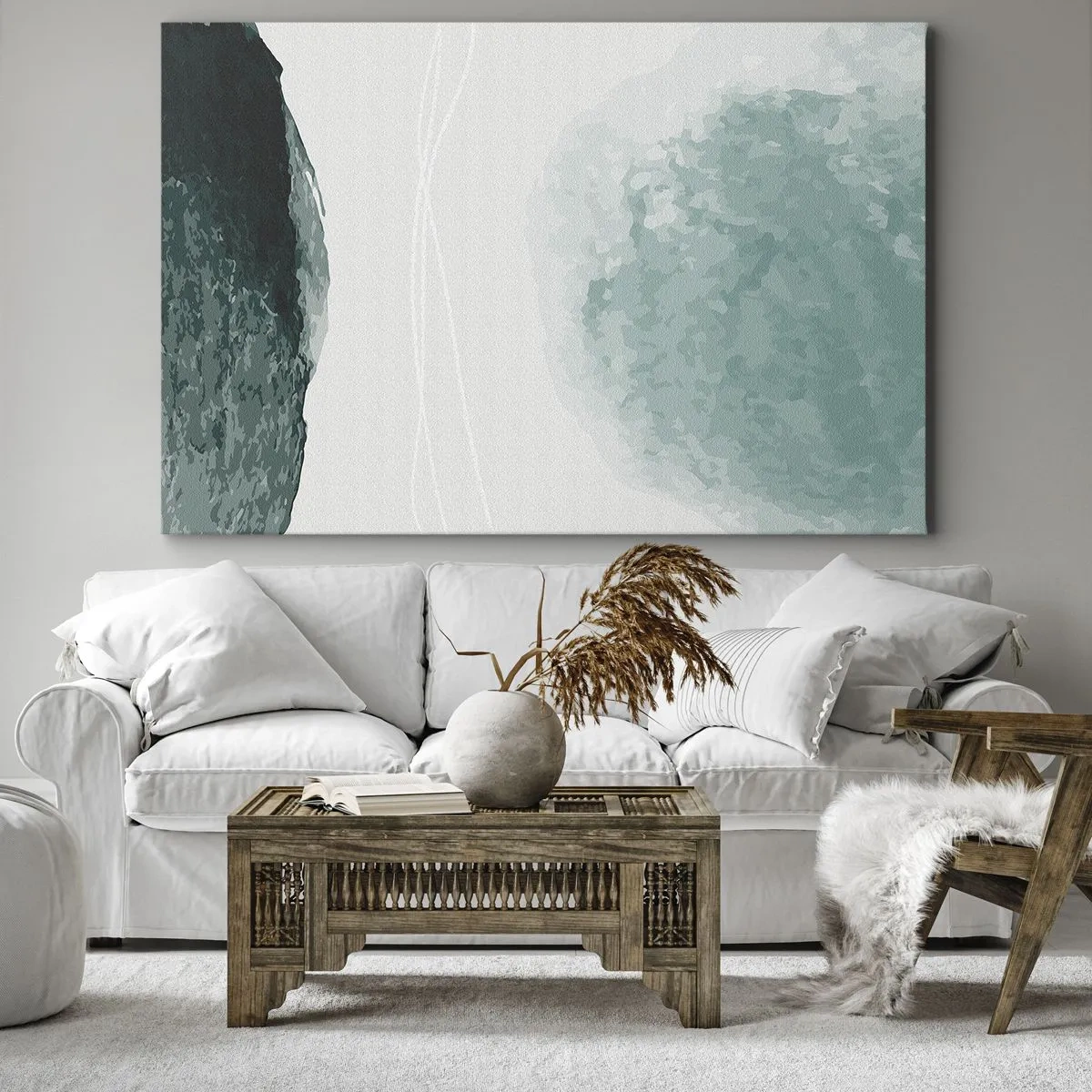 Schilderen op canvas - Een delicate abstracte compositie in groentinten met subtiele vormen op een lichte achtergrond. - 70x50cm - Ontmoeting met de mist - Moderne wanddecoratie voor woonkamer en slaapkamer ARTTOR