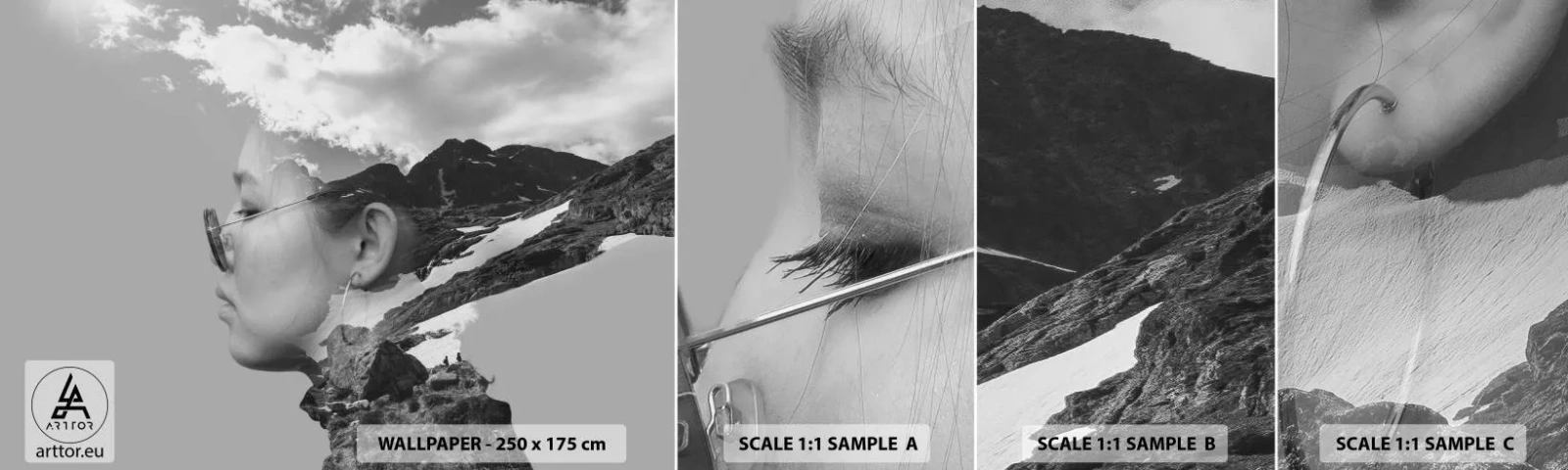 Fotobehang Monster Zelfklevend Deluxe Sticker - Top en bewolkt portret - Abstractie, Hoofd van de vrouw, Fantasie - 100x30 cm