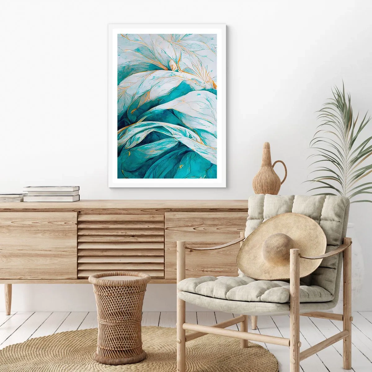 Poster in een witte lijst - Blauwe abstractie met een gouden motief - 50x70 cm