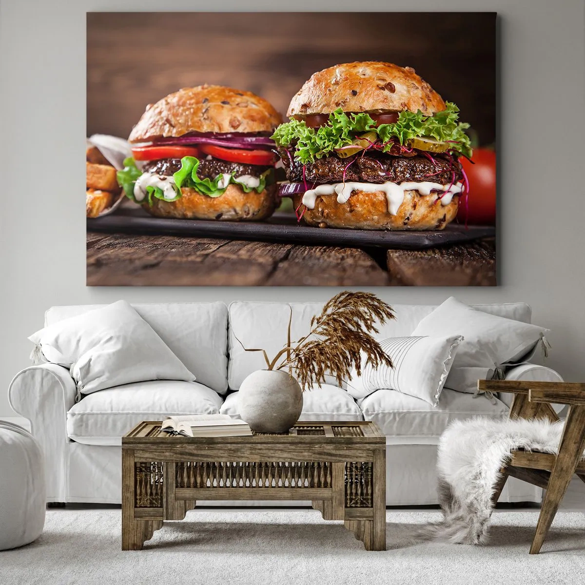 Schilderen op canvas - Smakelijke hamburgers met groenten en saus - 70x50cm - Amerikaanse droom - Moderne wanddecoratie voor woonkamer en slaapkamer ARTTOR
