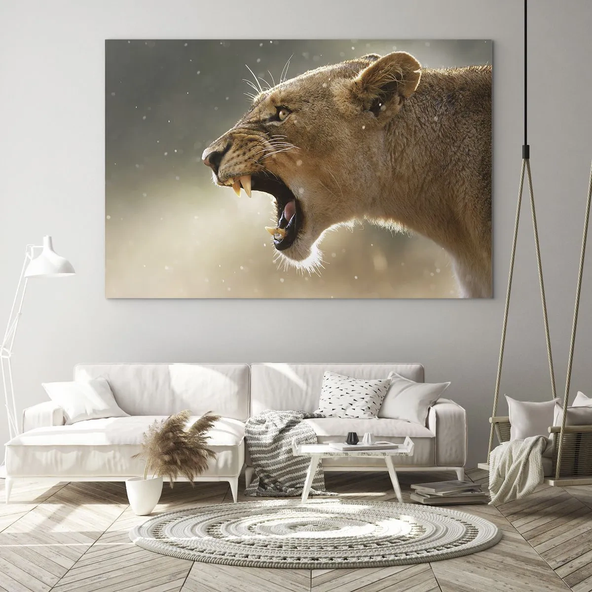 Schilderen op glas - Een close-up van een leeuw die brult in de zonnestralen - 70x50cm - Probeer niet te luisteren - Moderne wanddecoratie voor woonkamer en slaapkamer ARTTOR