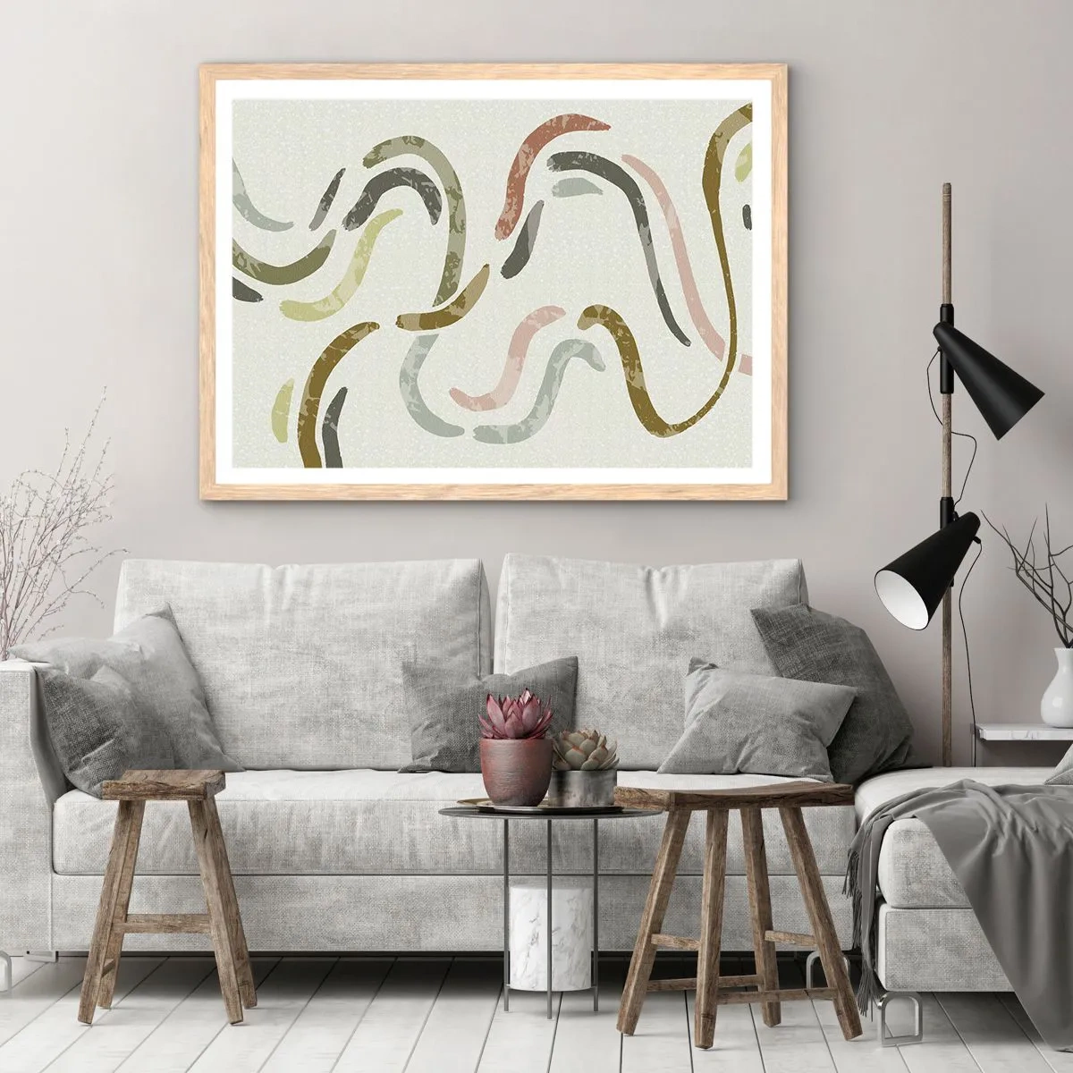 Een poster in een licht eiken lijst - Een vrolijke dans van abstractie - 70x50 cm