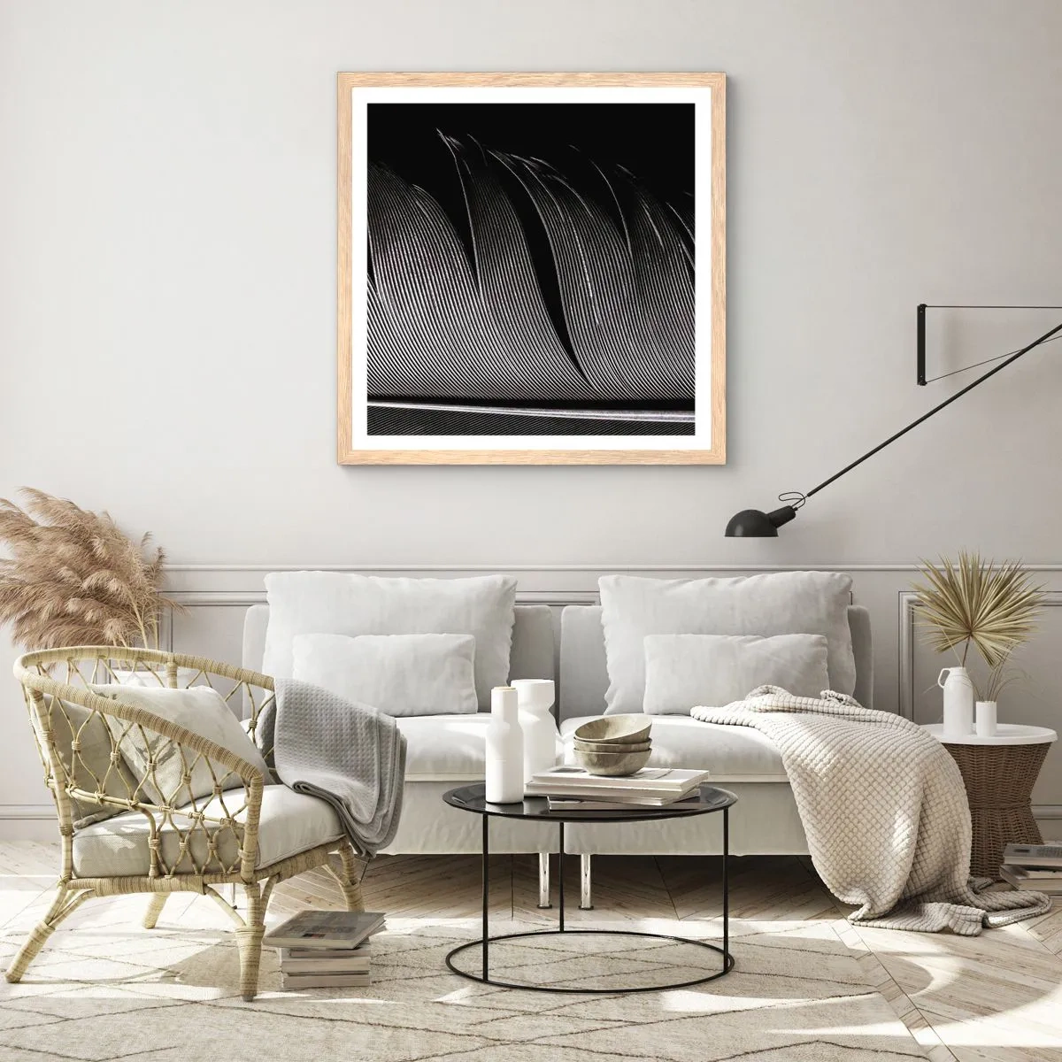 Een poster in een licht eiken lijst - Een veer - prachtig ontwerp - 40x40 cm