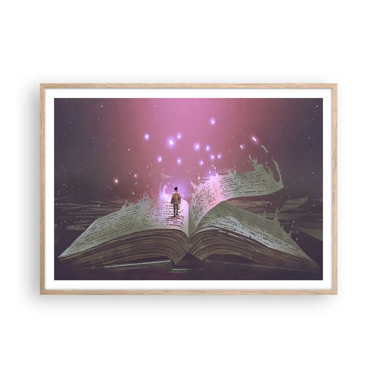 Een poster in een licht eiken lijst - Uitnodiging voor een andere wereld - lees! - 100x70 cm