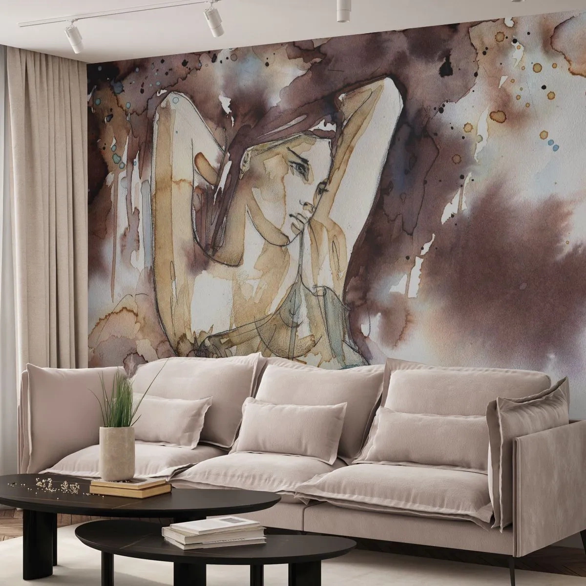 Fotobehang Standard Eco - Aquarelillustratie van een vrouw in een ontspannen houding - 100x70cm - In een lila stemming - Moderne wanddecoratie voor woonkamer en slaapkamer ARTTOR