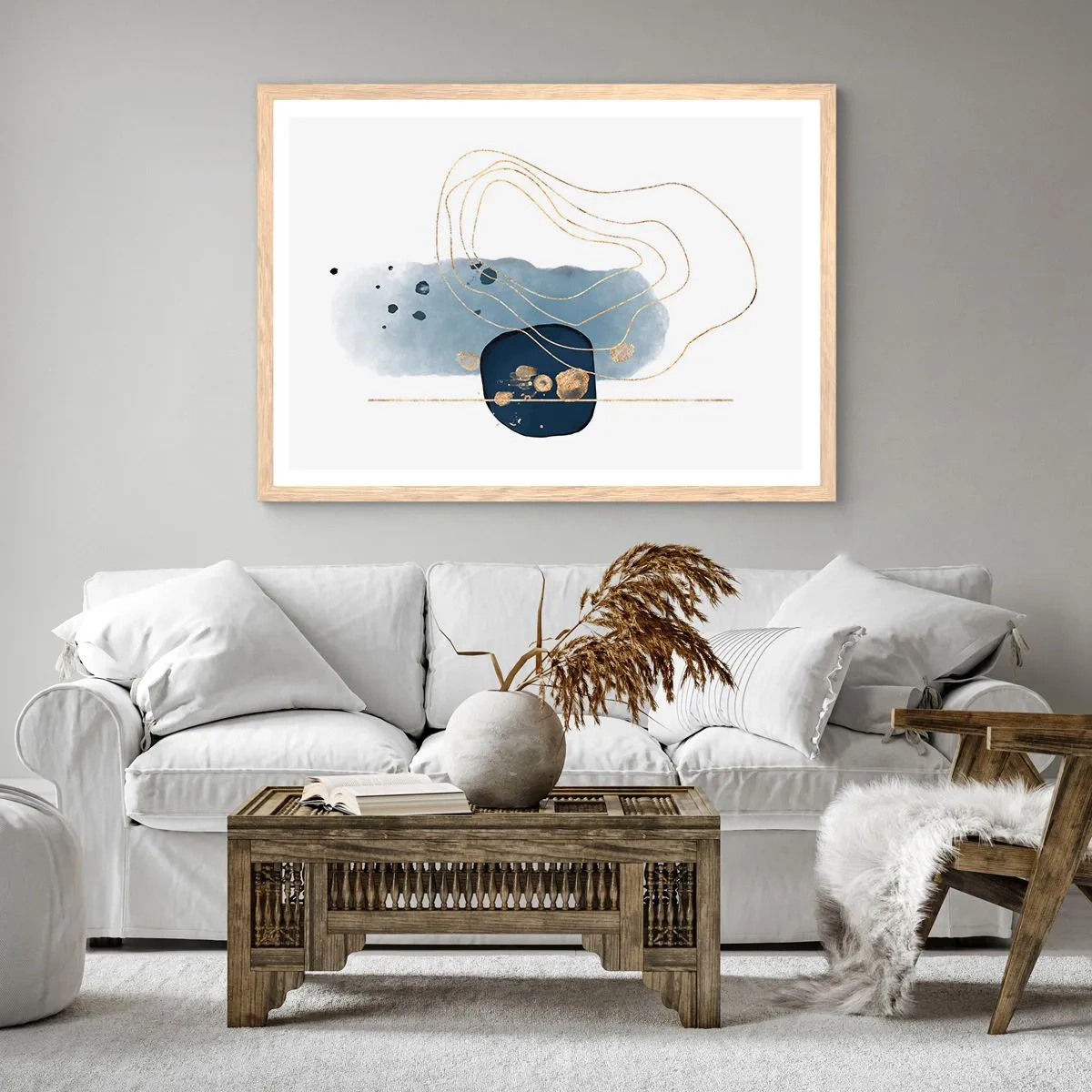 Een poster in een licht eiken lijst - Blauw en goud fantasie - 91x61 cm