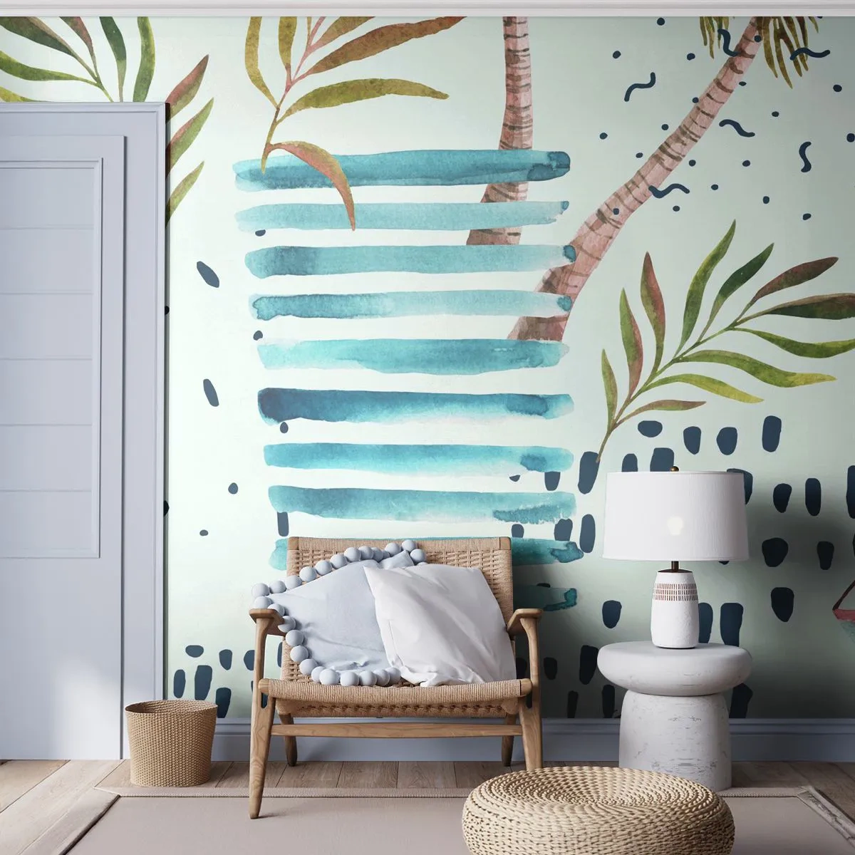 Fotobehang Premium Canvas - Vakantie onder palmbomen - aquarellen, Kokospalm, Zeilboot - 250x175 cm