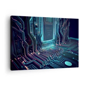 Schilderen op canvas - Technologische printplaat met verlichte sporen - 70x50cm - Ik ben aan het denken… - Moderne wanddecoratie voor woonkamer en slaapkamer ARTTOR