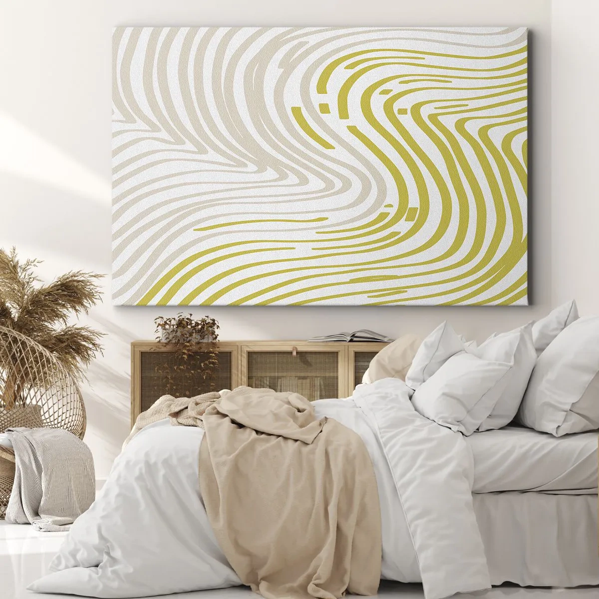 Schilderen op canvas - Een abstract patroon met golvende lijnen in tinten geel en beige. - 70x50cm - Een compositie met een zachte buiging - Moderne wanddecoratie voor woonkamer en slaapkamer ARTTOR