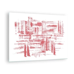 Schilderen op glas - Een abstracte compositie in rood die lijkt op de contouren van stedelijke architectuur. - 70x50cm - De rode stad - Moderne wanddecoratie voor woonkamer en slaapkamer ARTTOR