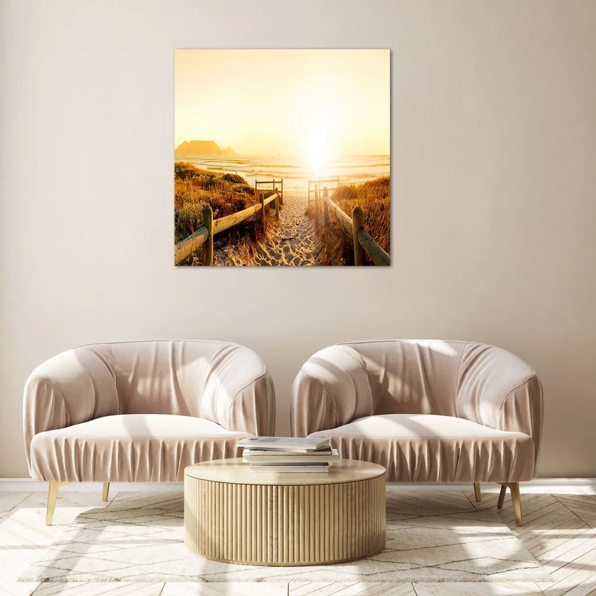Schilderen op glas - Over het duin, richting de zon - 30x30 cm