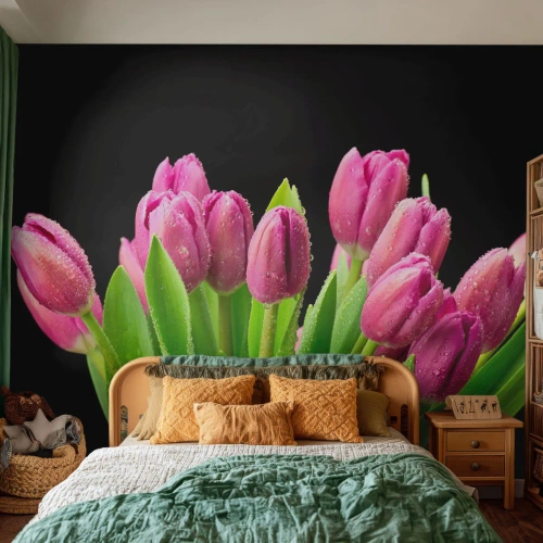 Zelfklevend Fotobehang Deluxe Sticker - Lila vreugde van de lente - Bloemen, Tulpen, Boeket bloemen - 100x70 cm