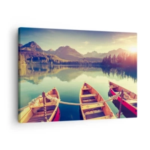 Schilderen op canvas - Boten op een kalm meer omringd door bergen bij zonsondergang - 70x50cm - Leef volgens haar wetten - Moderne wanddecoratie voor woonkamer en slaapkamer ARTTOR