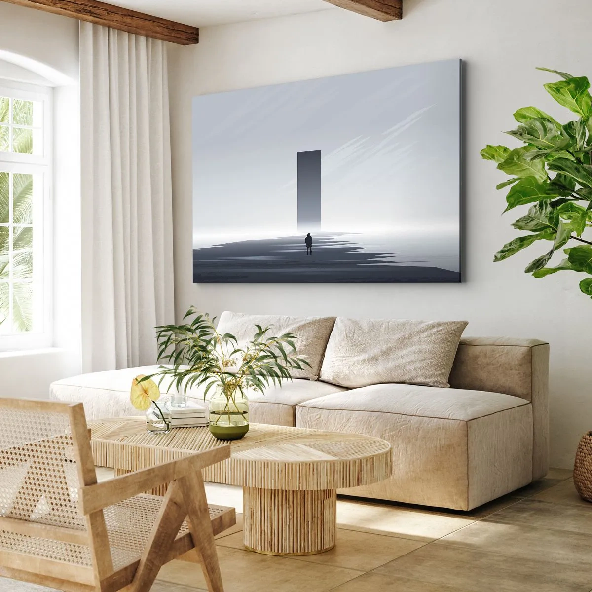 Schilderen op canvas - Een minimalistisch landschap met een silhouet naast een rechthoekige monoliet - 70x50cm - Kans of bedreiging? - Moderne wanddecoratie voor woonkamer en slaapkamer ARTTOR