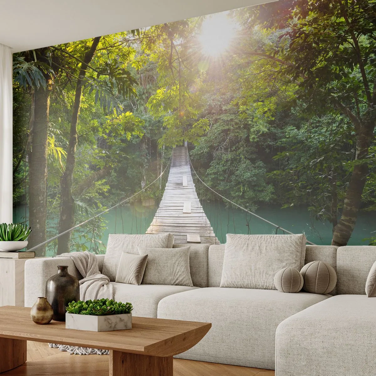 Fotobehang Premium Canvas - Over het azuurblauwe water naar het azuurblauwe woud - Landschap, Oerwoud, Houten brug - 300x210 cm
