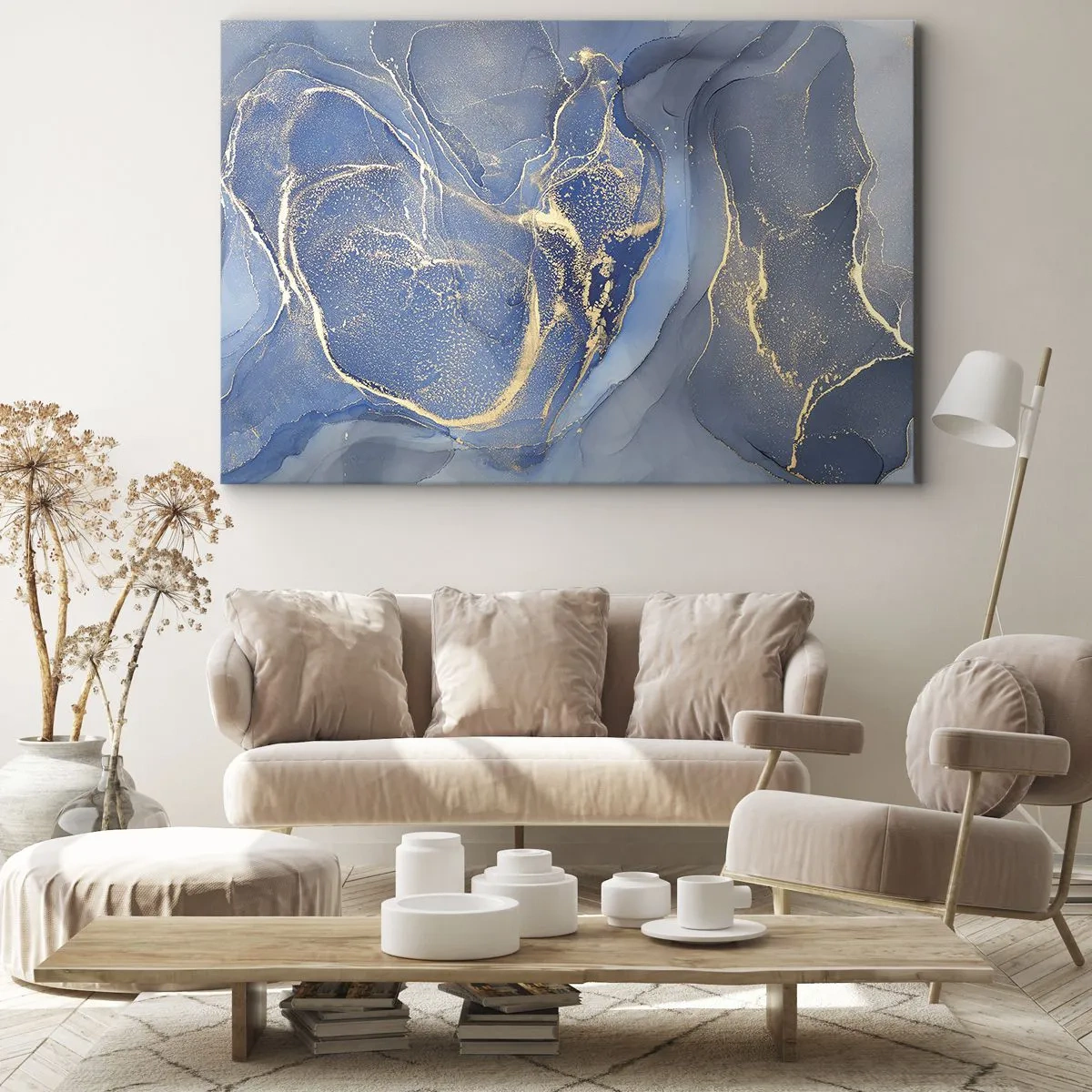 Schilderen op canvas - Abstracte blauwe patronen met gouden accenten - 70x50cm - Goudstof - Moderne wanddecoratie voor woonkamer en slaapkamer ARTTOR