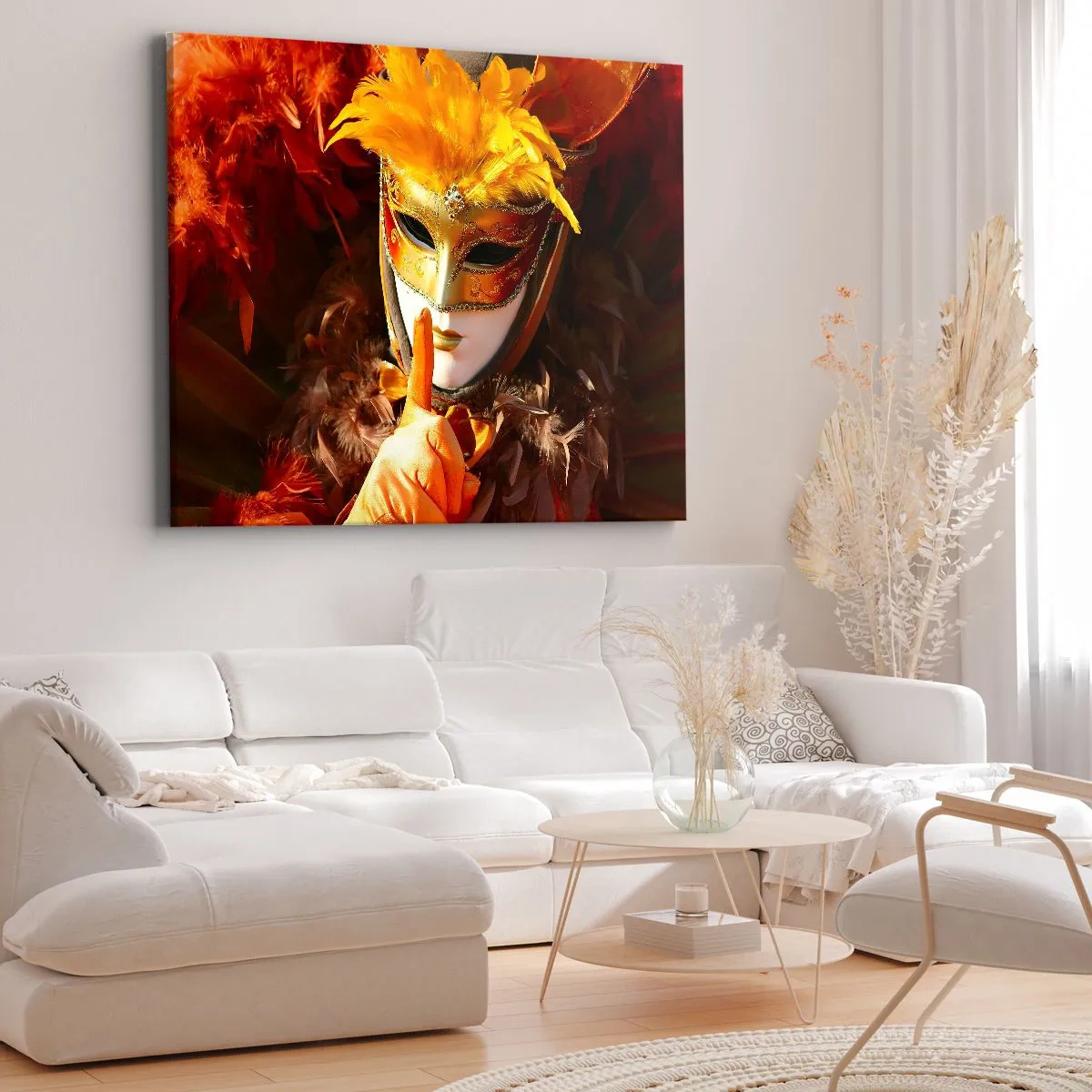 Schilderen op canvas - Carnavalsmasker in tinten goud en oranje - 70x50cm - Mysterie maakt deel uit van het spel - Moderne wanddecoratie voor woonkamer en slaapkamer ARTTOR