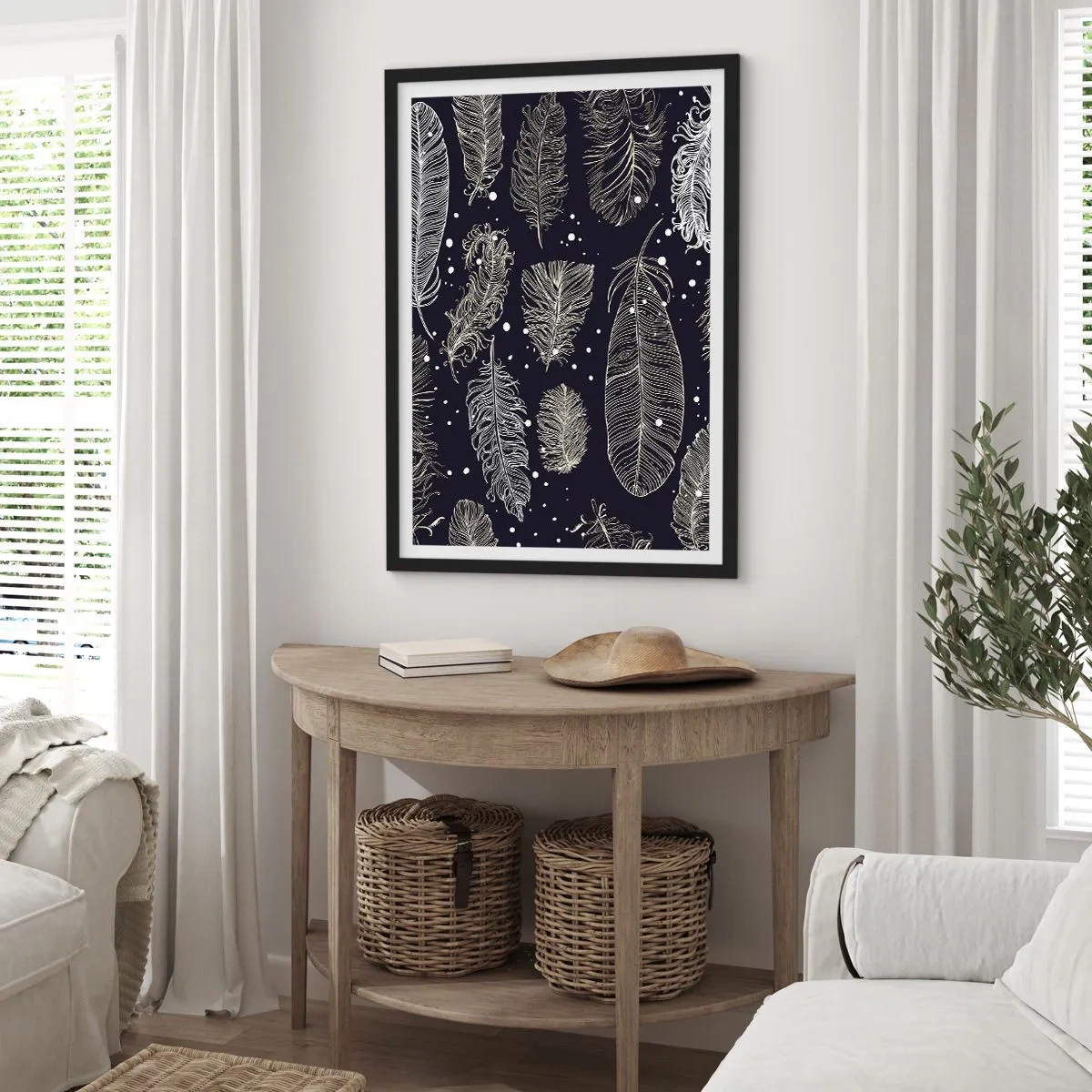 Poster in een zwarte lijst - Witte veren op een zwarte achtergrond in een elegante opstelling - 50x70cm - Gevederde kant - Moderne wanddecoratie voor woonkamer en slaapkamer ARTTOR