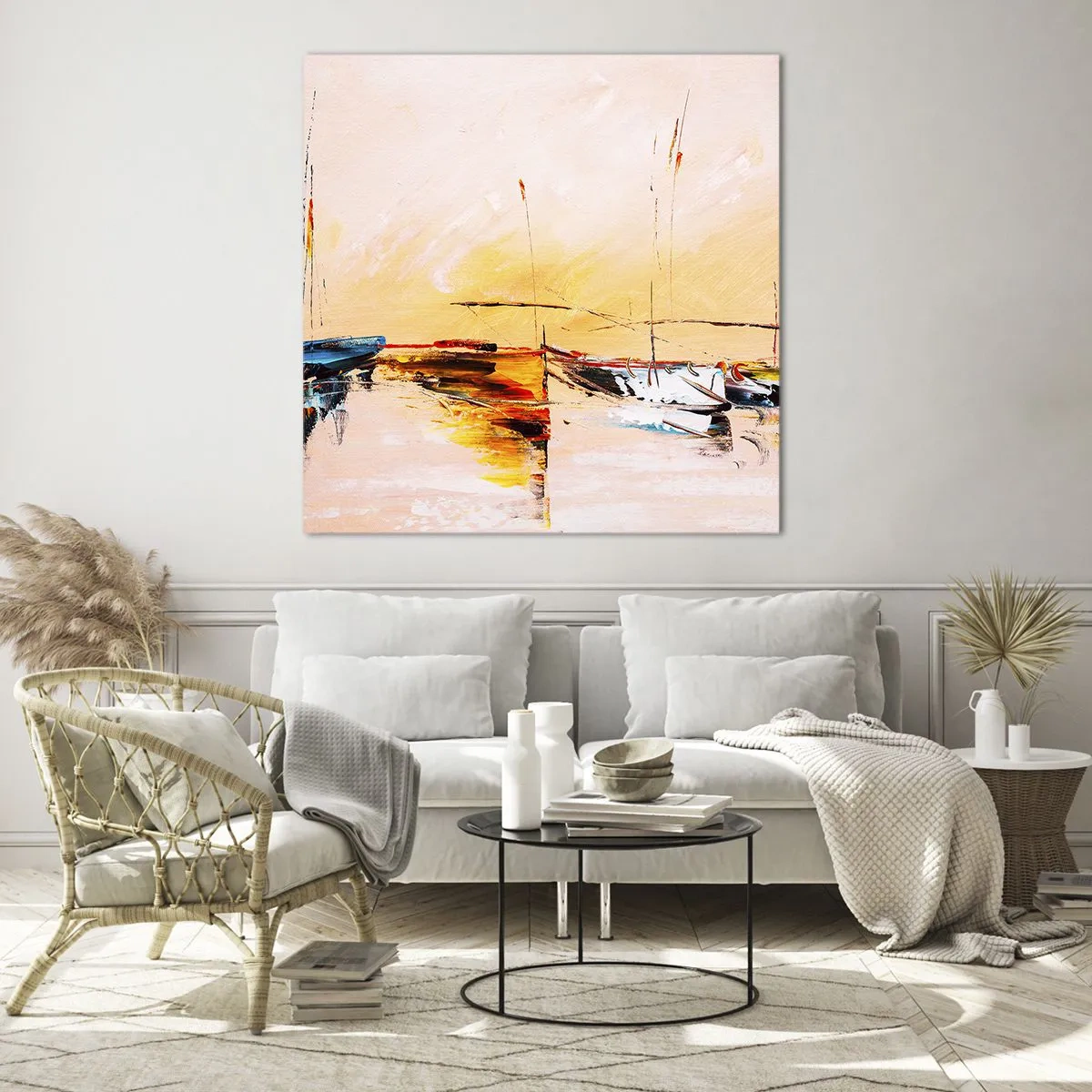 Schilderen op glas - Avond in de jachthaven - 70x70 cm