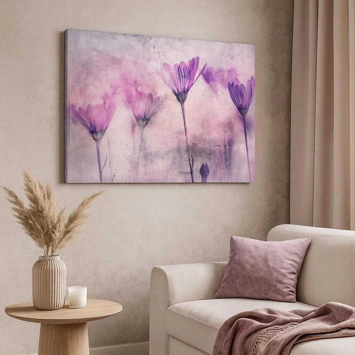 Schilderen op canvas - Delicate bloemen in paarse tinten op een lichte achtergrond - 70x50cm - Een droom van bloemen - Moderne wanddecoratie voor woonkamer en slaapkamer ARTTOR