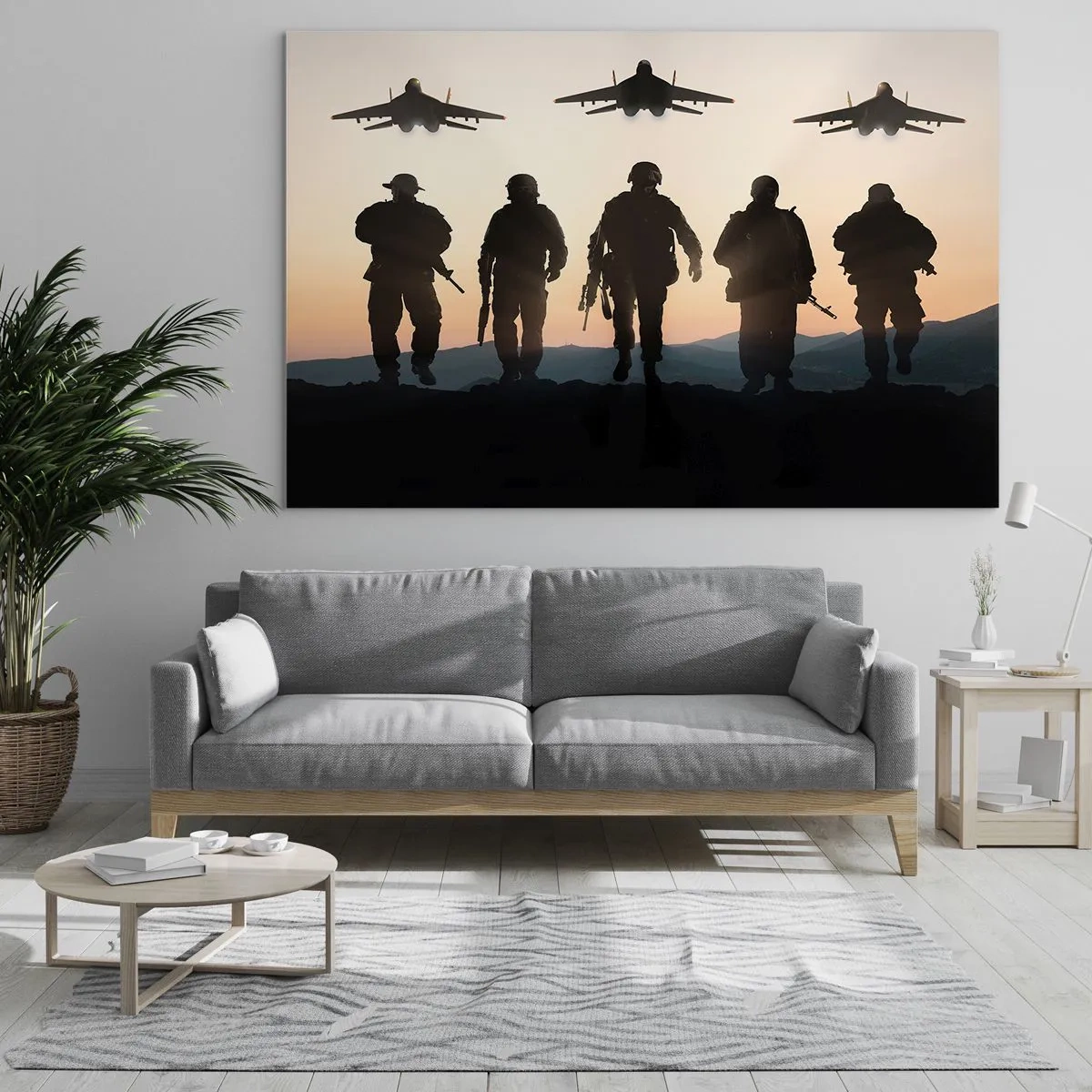 Schilderen op glas - Soldaten tegen de achtergrond van de ondergaande zon en straaljagers - 70x50cm - Welkom in onze wereld - Moderne wanddecoratie voor woonkamer en slaapkamer ARTTOR