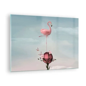 Schilderen op glas - Een roze flamingo staat op een decoratieve bal met bloemen en vlinders. - 70x50cm - Basketbal allegorie - Moderne wanddecoratie voor woonkamer en slaapkamer ARTTOR