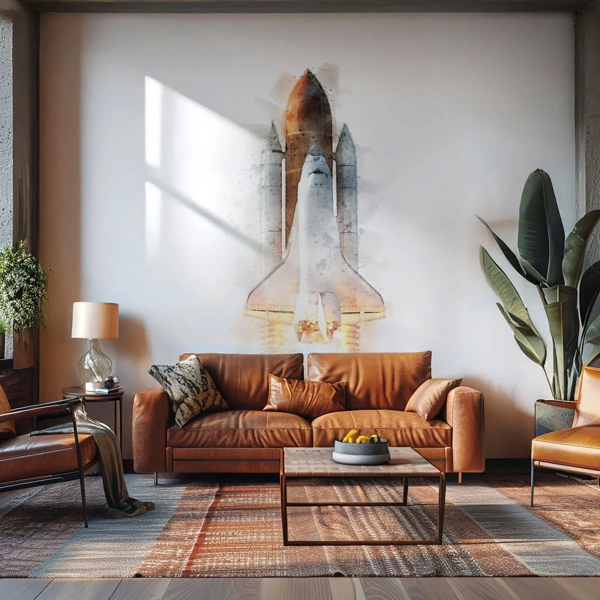 Fotobehang Standard Eco - Ontdekkingsreizigers, aan de slag - Een ruimteraket, Kosmos, Minimalisme - 150x105 cm