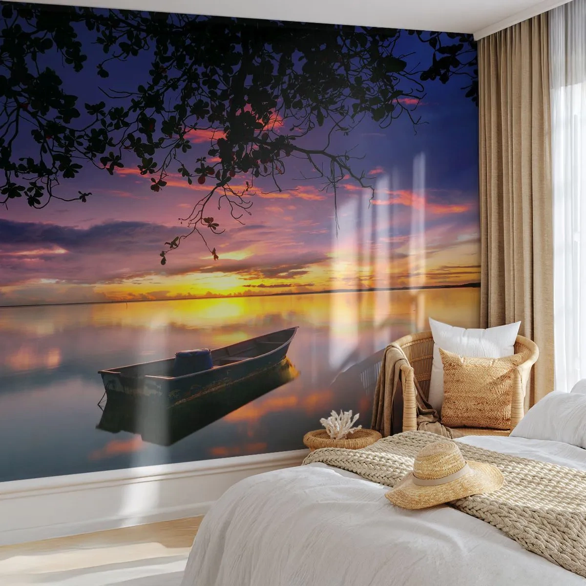 Fotobehang Premium Sand - "Je lijkt midden in de lucht te hangen..." - Landschap, Zonsondergang, Meer - 350x256 cm