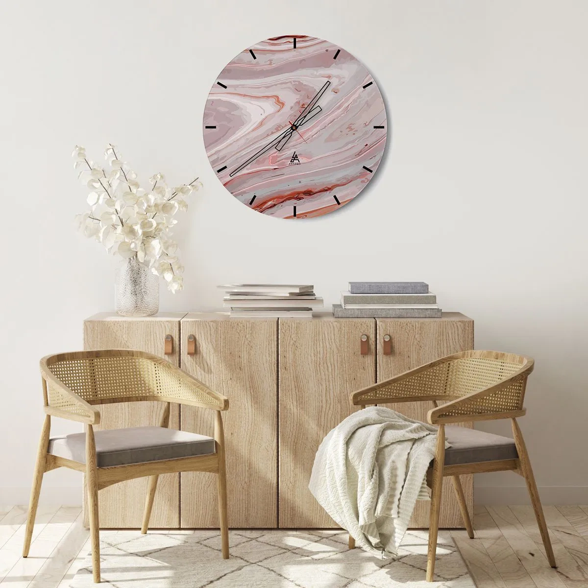 Wandklok - Klok - Een abstract marmerachtig patroon in tinten beige en roze. - 30x30cm - Roze vloeistof - Moderne wanddecoratie voor woonkamer, keuken en slaapkamer ARTTOR