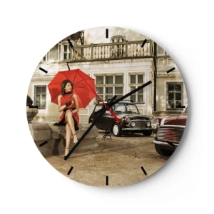 Wandklok - Klok - Een vrouw met een rode paraplu voor retro-auto's. - 30x30cm - Een sentimentele mini-reis - Moderne wanddecoratie voor woonkamer, keuken en slaapkamer ARTTOR
