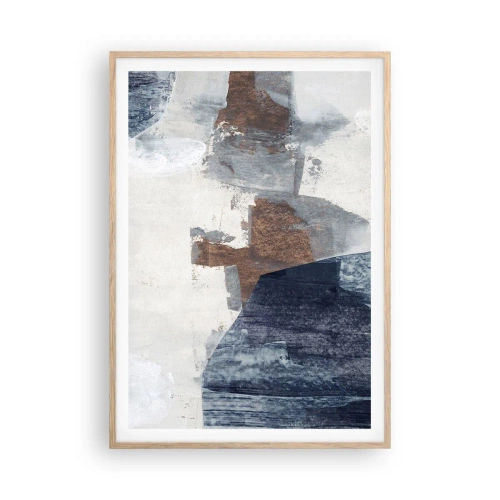 Een poster in een licht eiken lijst - Blauwe en bruine vormen - 70x100 cm