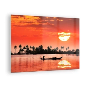 Schilderen op glas - Zonsondergang over de rivier met palmbomen en een boot - 70x50cm - De rust van de tropen bij zonsondergang - Moderne wanddecoratie voor woonkamer en slaapkamer ARTTOR
