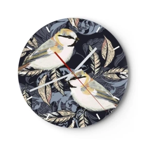 Wandklok - Klok - Illustratie van twee vogels tegen een achtergrond van decoratieve bladeren - 30x30cm - Geel-blauwe triller - Moderne wanddecoratie voor woonkamer, keuken en slaapkamer ARTTOR